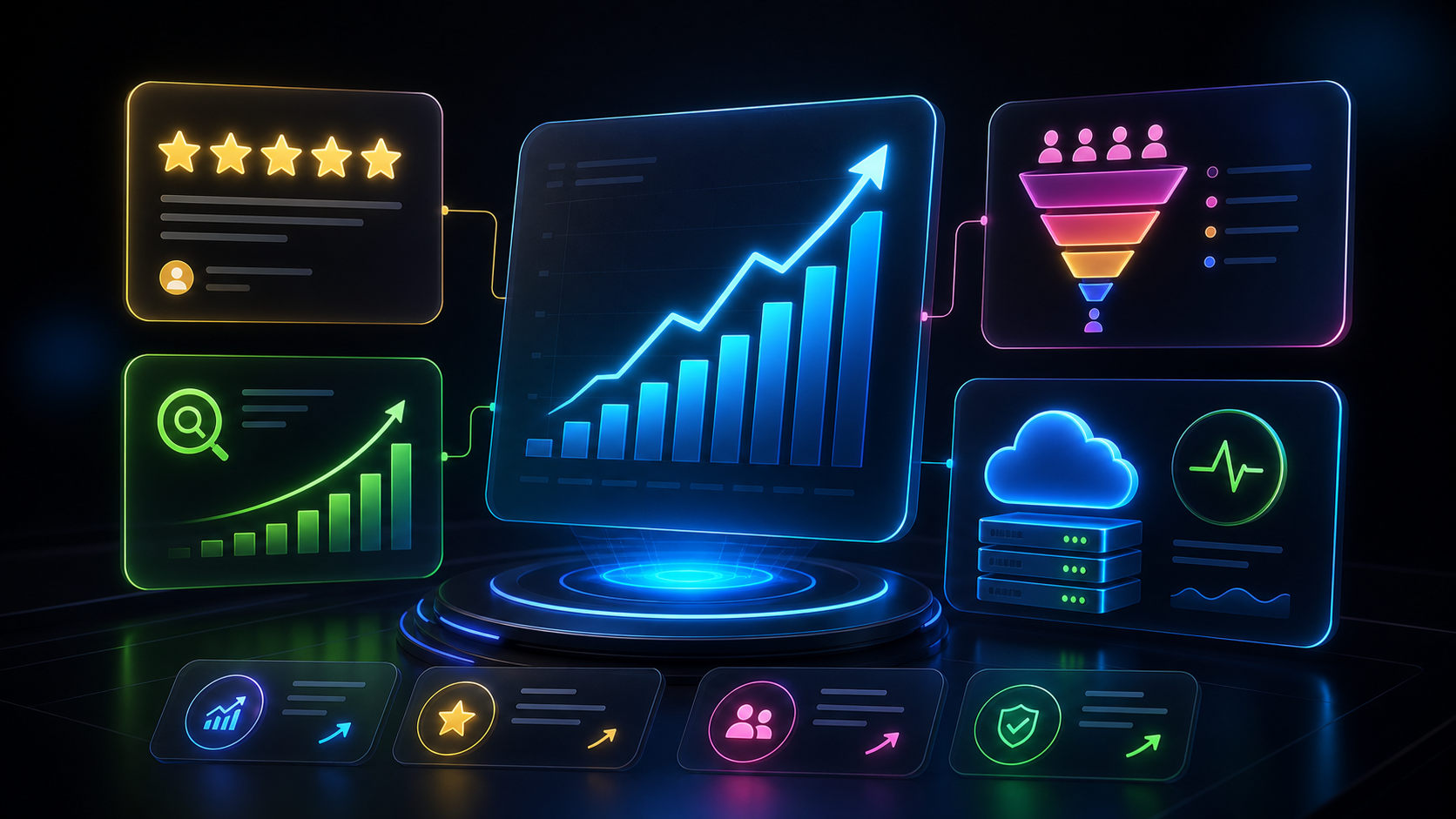 Dark 3D business growth dashboard with review and lead widgets